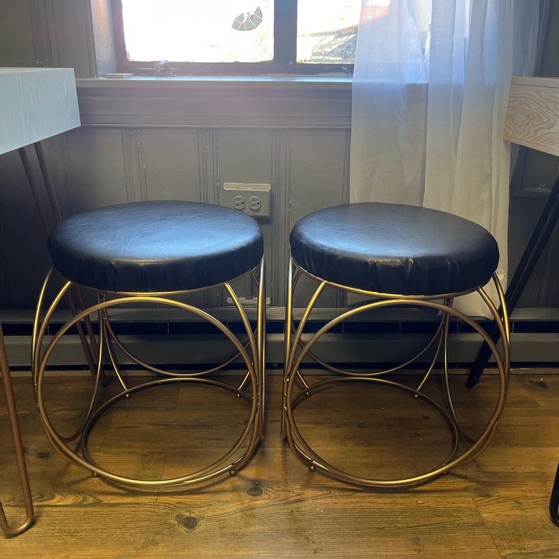 Black vegan leather gold stools (Set of 2)